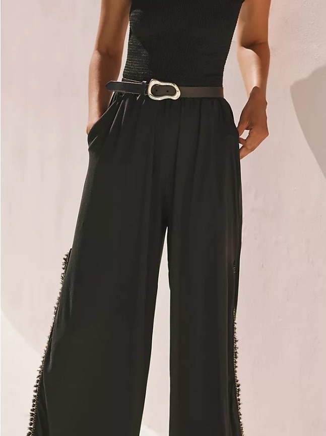 Peixoto Black Wide-Leg Fringe Trim Jumpsuit Pants